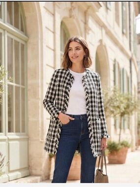Zara Black Navy and White Tweed Fringe Open-Front Jacket